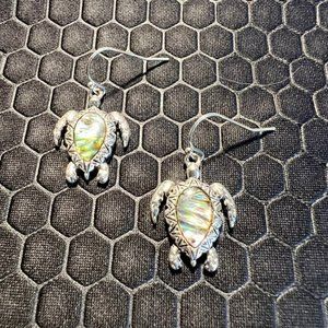 Turtle Earrings with Green Abalone Stones 18K White Gold Plated